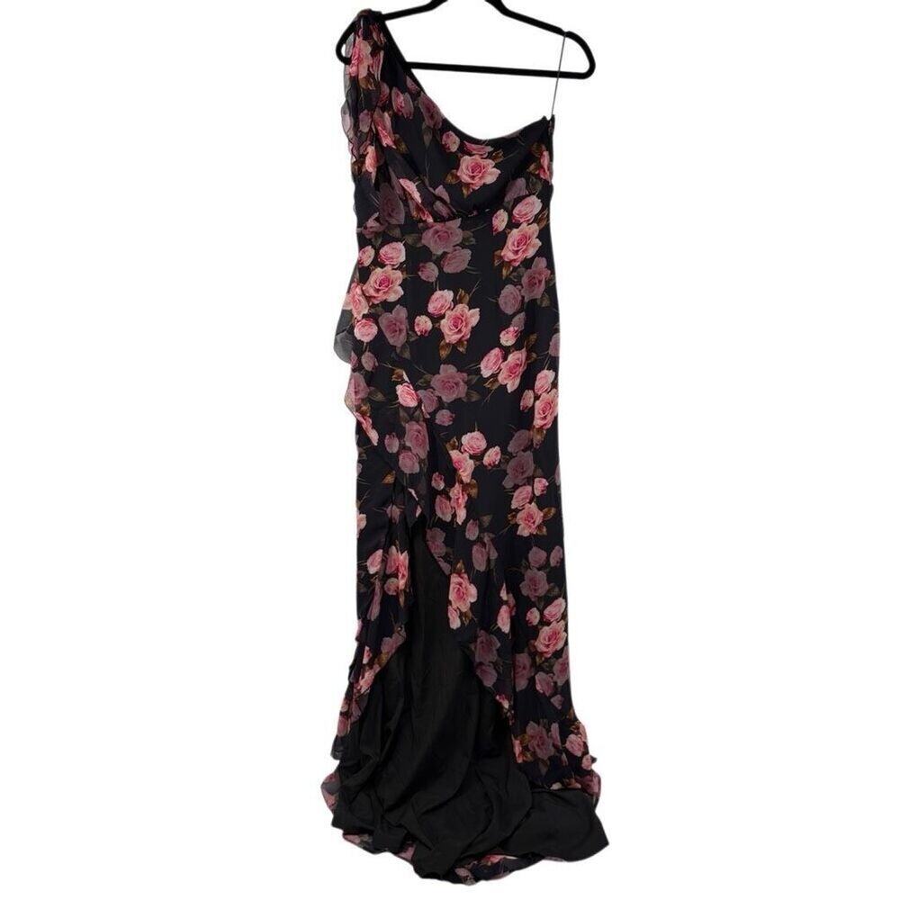 Double‎ Crazy Black Pink Rose One Shoulder High Slit Sexy Cocktail Dress Sz L